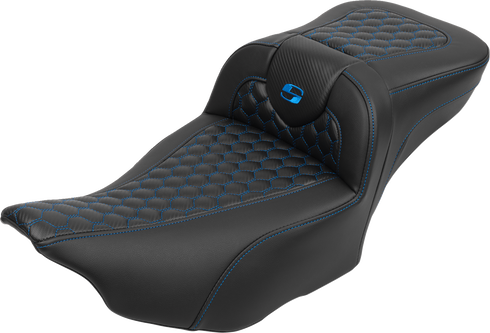 SADDLEMEN Roadsofa™ Extended Reach Seat - with Backrest - Honeycomb - Blue Stitch - FLTR/FLHX '23-'24 823-07-190B1