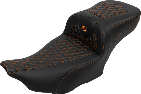 SADDLEMEN Roadsofa™ Extended Reach Seat - with Backrest - Honeycomb - Orange Stitch - FLTR/FLHX '23-'24 823-07-190B3