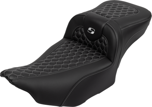 SADDLEMEN Roadsofa™ Extended Reach Seat - with Backrest - Honeycomb - Silver Stitch - FLTR/FLHX '23-'24 823-07-190B5