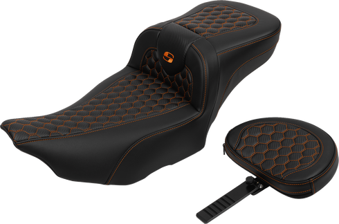 SADDLEMEN Roadsofa™ Extended Reach Seat - with Backrest - Honeycomb - Orange Stitch - FLTR/FLHX '23-'24 823-07-190B3