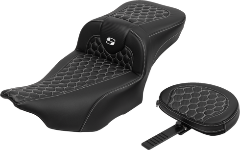 SADDLEMEN Roadsofa™ Extended Reach Seat - with Backrest - Honeycomb - White Stitch - FLTR/FLHX '23-'24 823-07-190B6