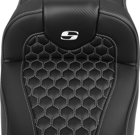SADDLEMEN Roadsofa™ Extended Reach Seat - with Backrest - Honeycomb - White Stitch - FLTR/FLHX '23-'24 823-07-190B6