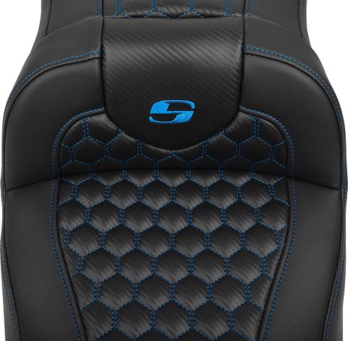 SADDLEMEN Roadsofa™ Extended Reach Seat - with Backrest - Honeycomb - Blue Stitch - FLTR/FLHX '23-'24 823-07-190B1