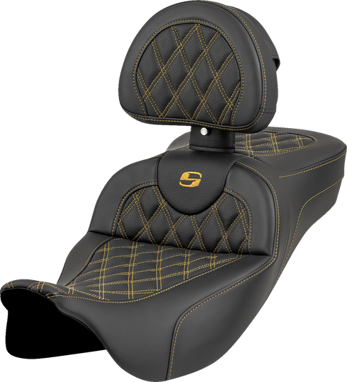 SADDLEMEN Roadsofa™ Extended Reach Seat - Lattice Stitch - Gold Stitch - with Backrest - FL '08-'23 808-07B-184B7