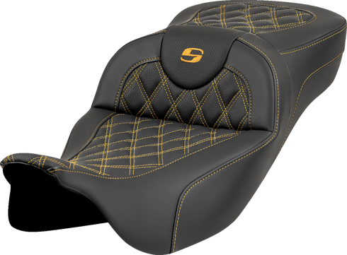 SADDLEMEN Roadsofa™ Extended Reach Seat - Lattice Stitch - Gold Stitch - without Backrest - FL '08-'23 808-07B-18407