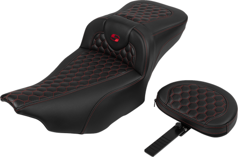 SADDLEMEN Roadsofa™ Extended Reach Seat - with Backrest - Honeycomb - Red Stitch - FLTR/FLHX '23-'24 823-07-190B4
