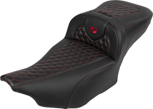 SADDLEMEN Roadsofa™ Extended Reach Seat - with Backrest - Honeycomb - Red Stitch - FLTR/FLHX '23-'24 823-07-190B4