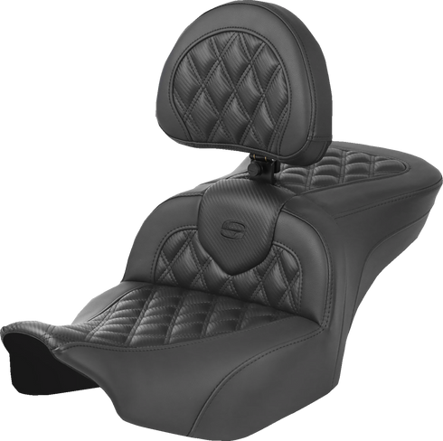SADDLEMEN Heated Roadsofa™ Seat - Carbon Fiber - Lattice Stitch - w/ Backrest - FLT/FLH '23-'24 823-07-206C0