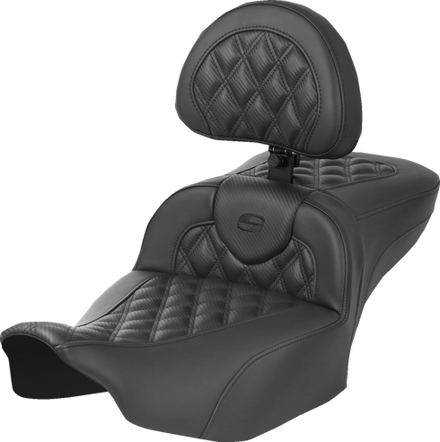 SADDLEMEN Heated RoadSofa™ Seat - Exended Reach - Lattice Stitch - w/ Backrest - FLT/FLH ’23-‘24 823-07-207C0