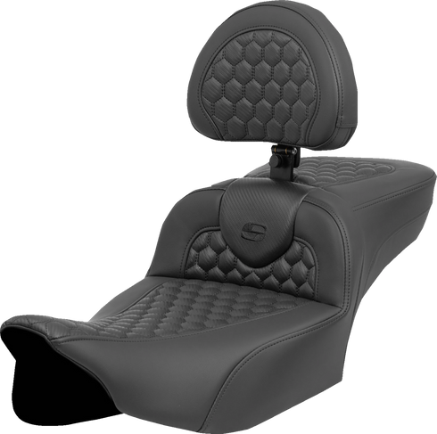SADDLEMEN Heated RoadSofa™ Seat - Extended Reach - Honeycomb Stitch - w/ Backrest - FLT/FLH ’23-‘24 823-07-190C0