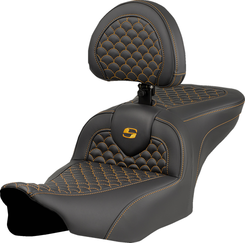 SADDLEMEN Roadsofa™ Seat - Dragon Scale Stitch - Gold Stitch - w/ Backrest - FLTR/FLHX '23-'24 823-07-208B7