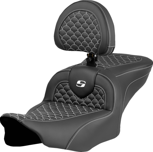 SADDLEMEN Roadsofa™ Seat - Dragon Scale Stitch - White Stitch - w/ Backrest - FLTR/FLHX '23-'24 823-07-208B6