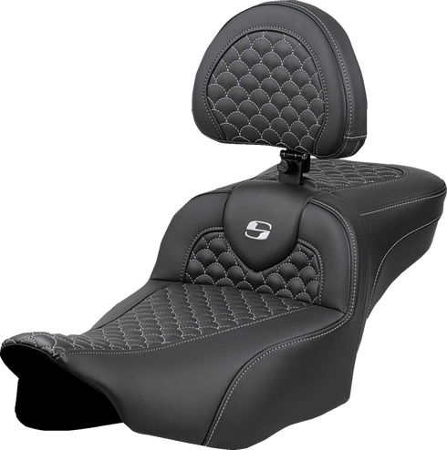 SADDLEMEN Roadsofa™ Extended Reach Seat - Dragon Scale Stitch - Silver Stitch - w/ Backrest - FLT/FLH '23-'24 823-07-209B5