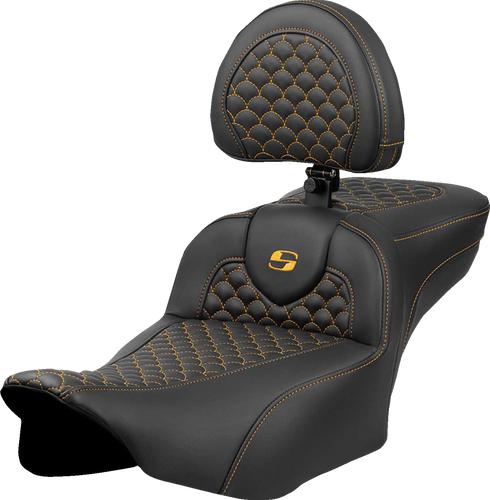 SADDLEMEN Roadsofa™ Extended Reach Seat - Dragon Scale Stitch - Gold Stitch - w/ Backrest - FLTR/FLHX '23-'24 823-07-209B7