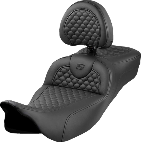 SADDLEMEN Roadsofa™ Extended Reach Seat - Dragon Scale Stitch - Black Stitch - w/ Backrest - FLH/FLT '08-'24 808-07B-209B0