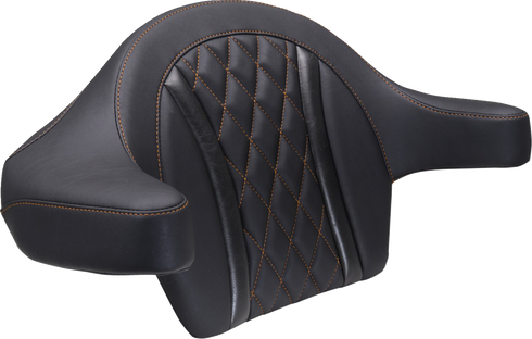 MUSTANG Deluxe Extended Arm Wrap-around Backrest - Diamond - Mandarin Orange Stitch - FLT/FLH '23-'25 88430MO