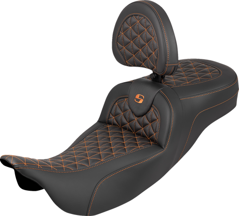SADDLEMEN RoadSofa™ Tri Gripper Seat - Standard Reach - Orange Stitch - w/ Backrest - FLH/FLT '08-'25 808-07B-211B3
