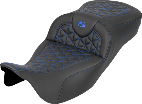 SADDLEMEN RoadSofa™ Tri Gripper Seat - Extended Reach - Blue Stitch - w/o Backrest - FLH/FLT '08-'25 808-07B-21101