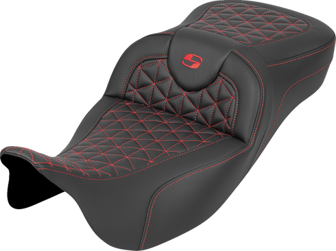 SADDLEMEN RoadSofa™ Tri Gripper Seat - Extended Reach - Red Stitch - w/o Backrest - FLH/FLT '08-'25 808-07B-21104