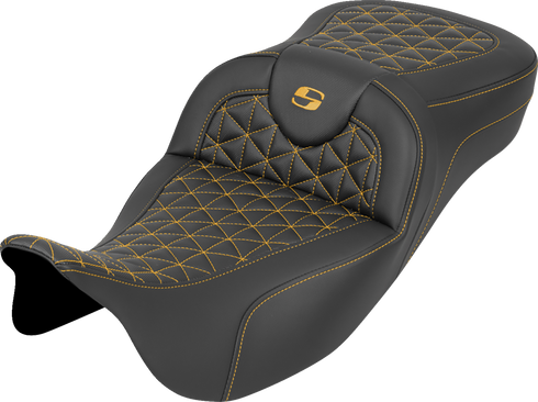 SADDLEMEN RoadSofa™ Tri Gripper Seat - Extended Reach - Gold Stitch - w/o Backrest - FLH/FLT '08-'25 808-07B-21107