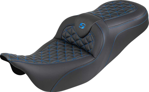 SADDLEMEN RoadSofa™ Tri Gripper Seat - Standard Reach - Blue Stitch - w/o Backrest - FLH/FLT '08-'25 808-07B-21001