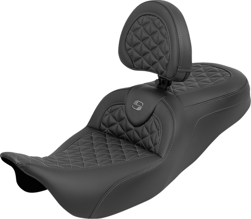 SADDLEMEN RoadSofa™ Tri Gripper Seat - Standard Reach - Gray Stitch - w/ Backrest - FLH/FLT '08-'25 808-07B-210B2