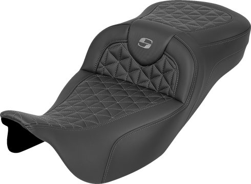 SADDLEMEN RoadSofa™ Tri Gripper Seat - Extended Reach - Gray Stitch - w/o Backrest - FLH/FLT '08-'25 808-07B-21102