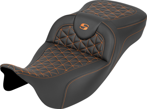 SADDLEMEN RoadSofa™ Tri Gripper Seat - Extended Reach - Orange Stitch - w/o Backrest - FLH/FLT '08-'25 808-07B-21103