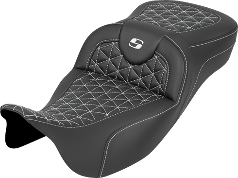 SADDLEMEN RoadSofa™ Tri Gripper Seat - Extended Reach - White Stitch - w/o Backrest - FLH/FLT '08-'25 808-07B-21106