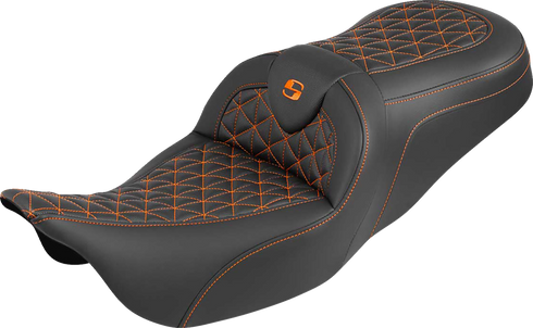 SADDLEMEN RoadSofa™ Tri Gripper Seat - Standard Reach - Orange Stitch - w/o Backrest - FLH/FLT '08-'25 808-07B-21003