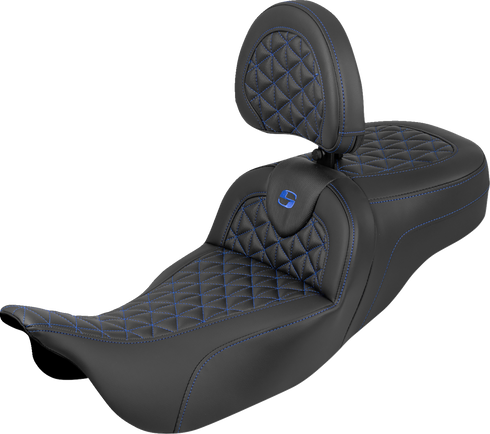 SADDLEMEN RoadSofa™ Tri Gripper Seat - Standard Reach - Blue Stitch - w/ Backrest - FLH/FLT '08-'25 808-07B-211B1