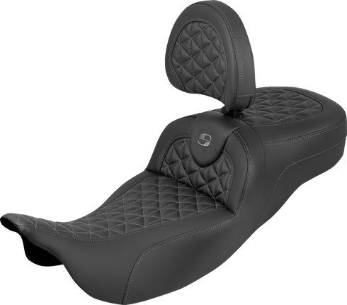 SADDLEMEN RoadSofa™ Tri Gripper Seat - Standard Reach - Gray Stitch - w/ Backrest - FLH/FLT '08-'25 808-07B-211B2