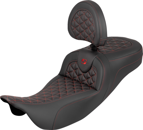 SADDLEMEN RoadSofa™ Tri Gripper Seat - Standard Reach - Red Stitch - w/ Backrest - FLH/FLT '08-'25 808-07B-211B4
