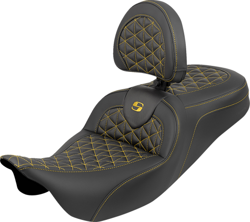 SADDLEMEN RoadSofa™ Tri Gripper Seat - Standard Reach - Gold Stitch - w/ Backrest - FLH/FLT '08-'25 808-07B-210B7